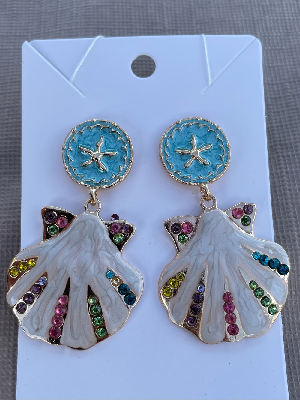 Gold-Tone White Enamel Seashell Drop Earrings with Turquoise Accents